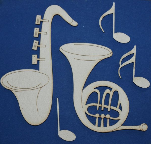 Saxofoon en hoorn met muzieknoten 3-8,5 cm 1,5mm dik chipboard