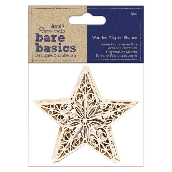 Papermania - Bare Basics Wooden Filigree Shapes Star (4pcs) (PMA 174512)