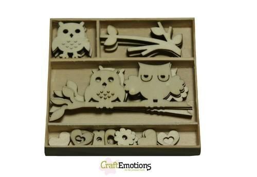 CraftEmotions Houten ornamenten - Uiltjes 30 pcs - box 10,5 x 10,5 cm (811500/0204)