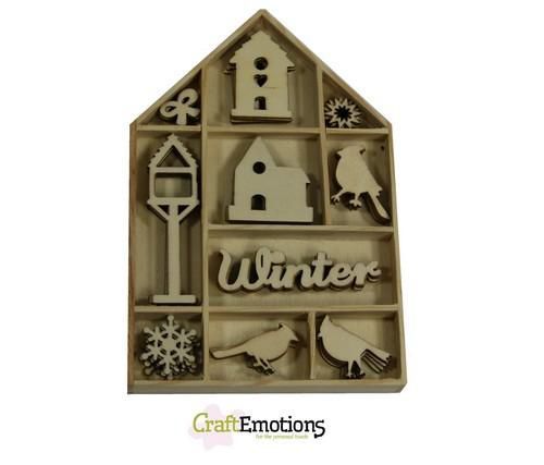 CraftEmotions Houten ornament - vogel, vogelhuisje 50 pcs - box 10,5x10,5cm (811500/0321)