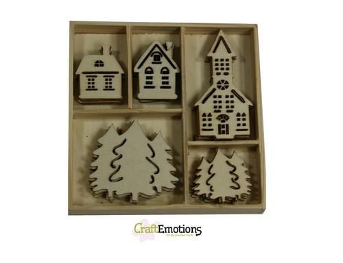 CraftEmotions - Houten ornament huisjes, kerk 25 pcs box 10,5x10,5cm (811500/0322)